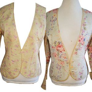 Womens Sz Medium 8 Yellow Floral Quilted‎ Jacket Thin Reversible Open Front